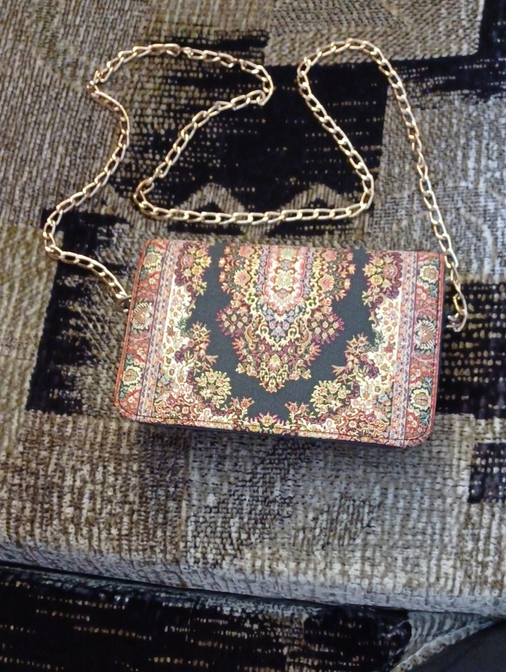 4/$60 Black Floral Pattern Crossbody Bag with Gold Chain - Picture 2 of 10